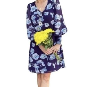 Cabi Ellery Purple Floral Dress Womens S Royal Sheer Puff Sleeve Sheath